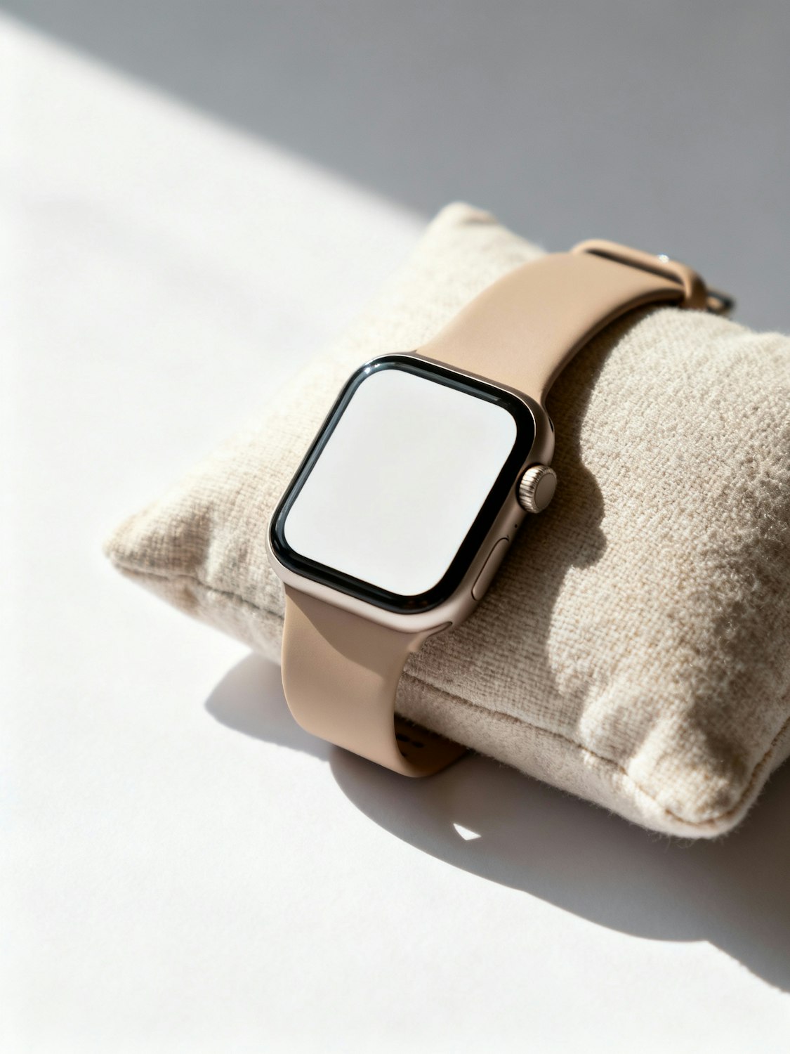 Smartwatch with a beige band wrapped around a linen cushion