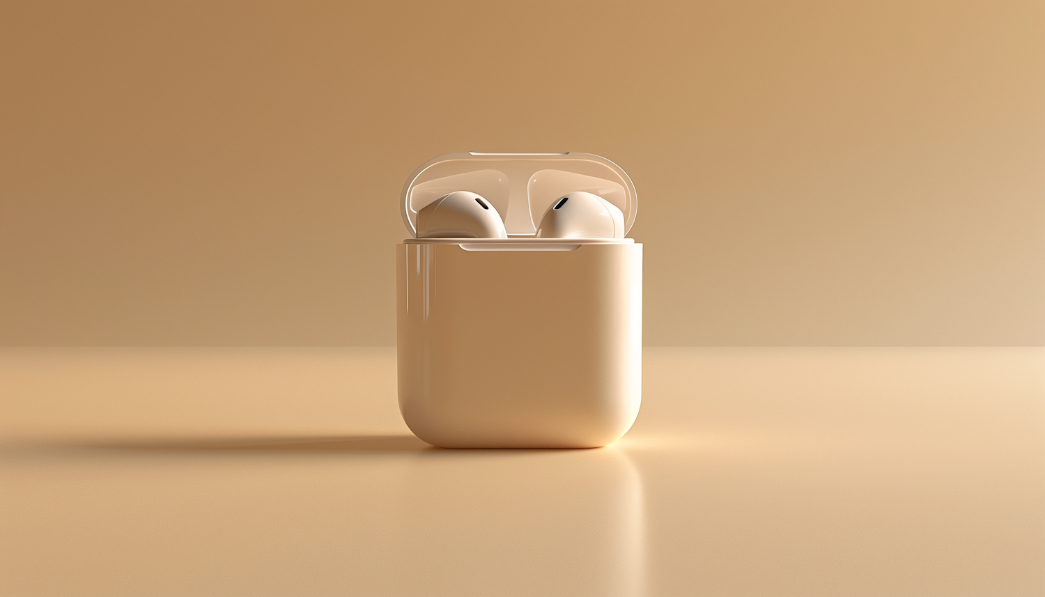 Open earbuds charging case on a warm beige surface