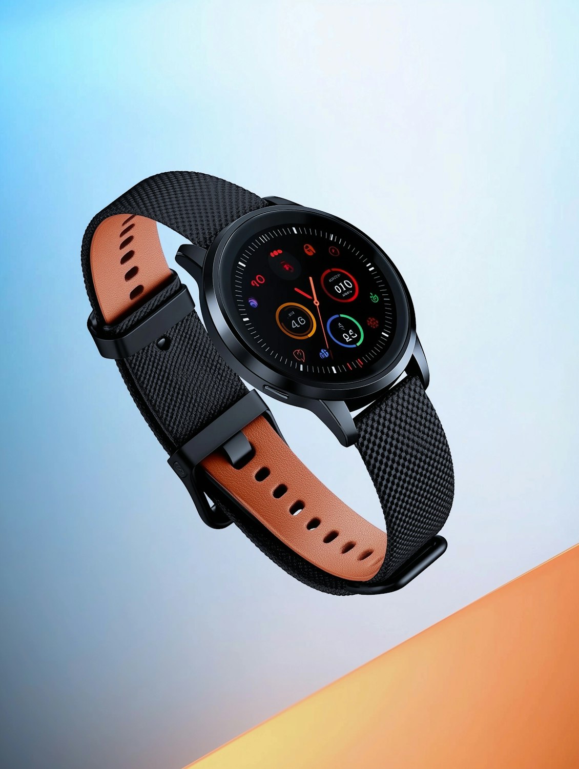 Black round smartwatch with a woven strap against a blue and orange backdrop