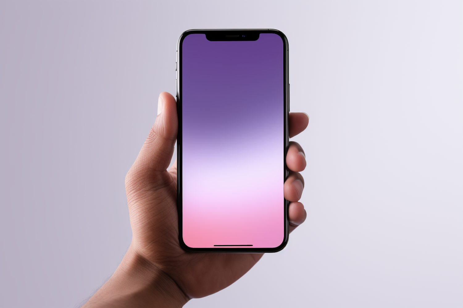 Hand holding a smartphone with a purple gradient screen
