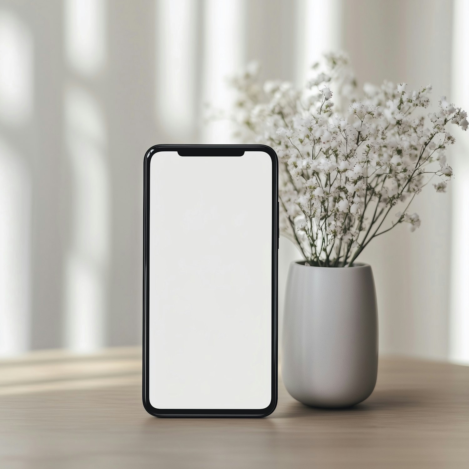 Smartphone standing on a wooden table beside a vase of white flowers