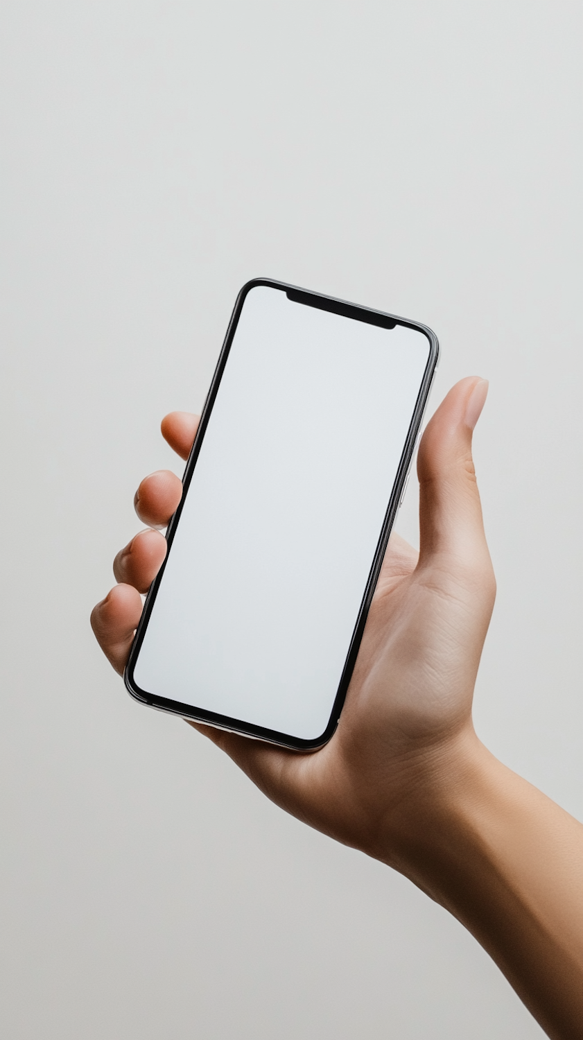 Hand holding a smartphone with a blank white screen