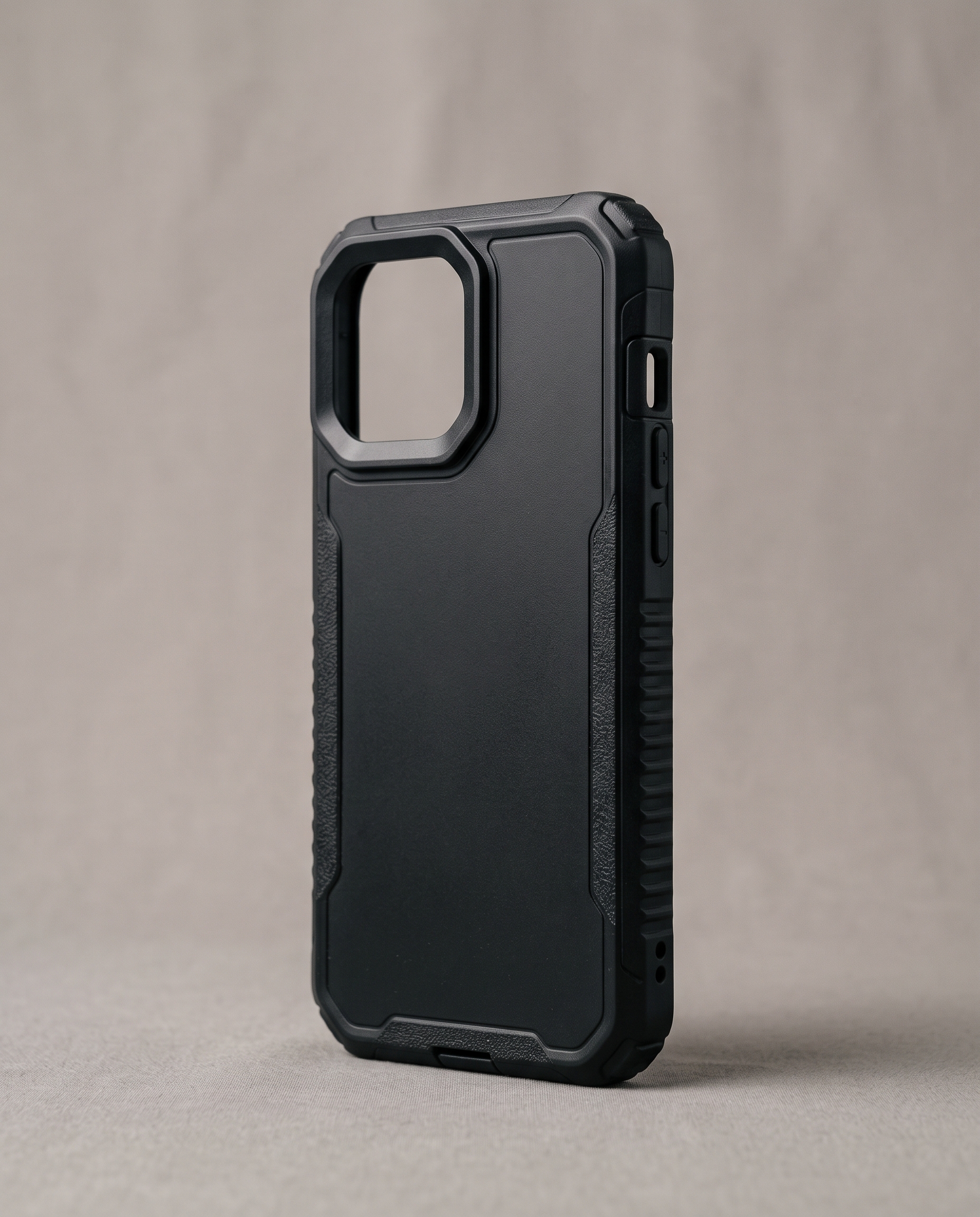 Matte black rugged phone case with textured side grips